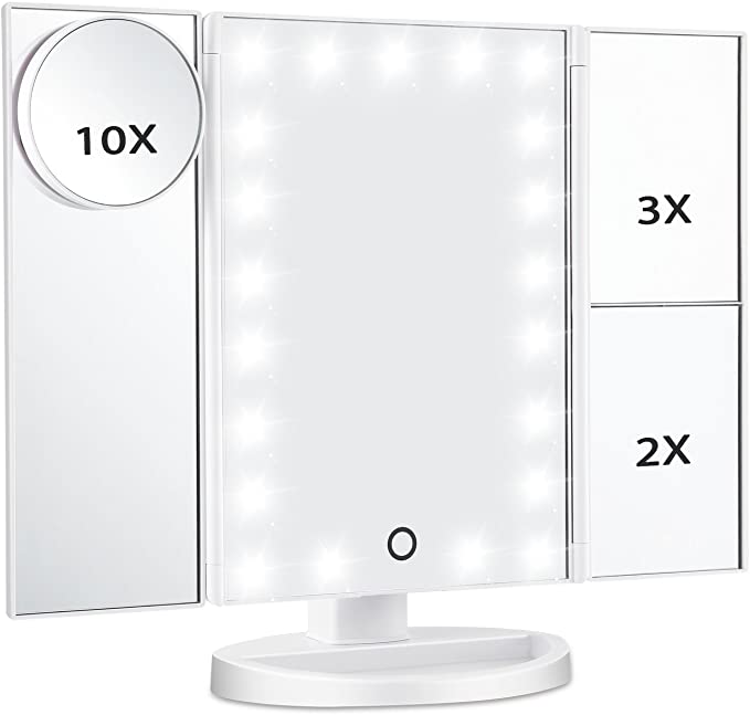 Lighted Makeup Mirror, Magicfly 10X 3X 2X 1X Magnifying Mirror 21 LED Lighted Tri-Fold Makeup Mirror with Touch Screen and 180° Adjustable Stand, Dual Power Mode Travel Beauty Mirror (White)