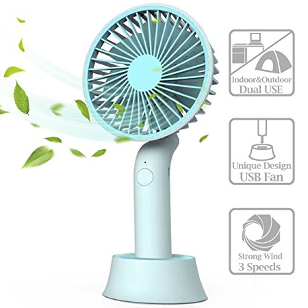 Opaceluuk Mini Handheld Fan, Portable USB Fan with Dock, Dual Use Rechargeable Desktop Fan for Office, Outdoor, Camping, Beach etc, Personal Travel Accessories - (3 Speed, Blue)