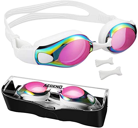 Aegend Swim Goggles with 3 Adjustable Nose Pieces, Flat Lens Swimming Goggles, No Leaking Anti-Fog UV Protection, Fit for Adult Men Women Youth Kids Child, 10 Colors