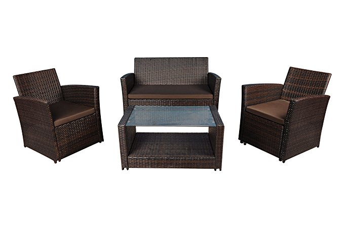 Modern Outdoor Garden, Patio 4 Piece Set - Wicker Sofa Furniture Set (Brown/Brown)