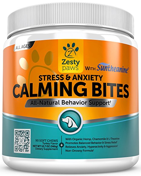 Calming Soft Chews for Dogs - Anxiety Composure Aid Treats With Suntheanine - Organic Hemp Oil & Valerian Root   L Tryptophan for Dog Stress Relief - Great for Storms   Barking & Chewing - 90 Count