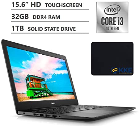 Dell Inspiron 15 Laptop, 15.6" HD Touchscreen, 10th Gen Intel Core i3-1005G1 Processor up to 3.40GHz, 32GB DDR4 RAM, 1TB Solid State Drive, HDMI, Wireless-AC, Windows 10, Black, KKE Mousepad
