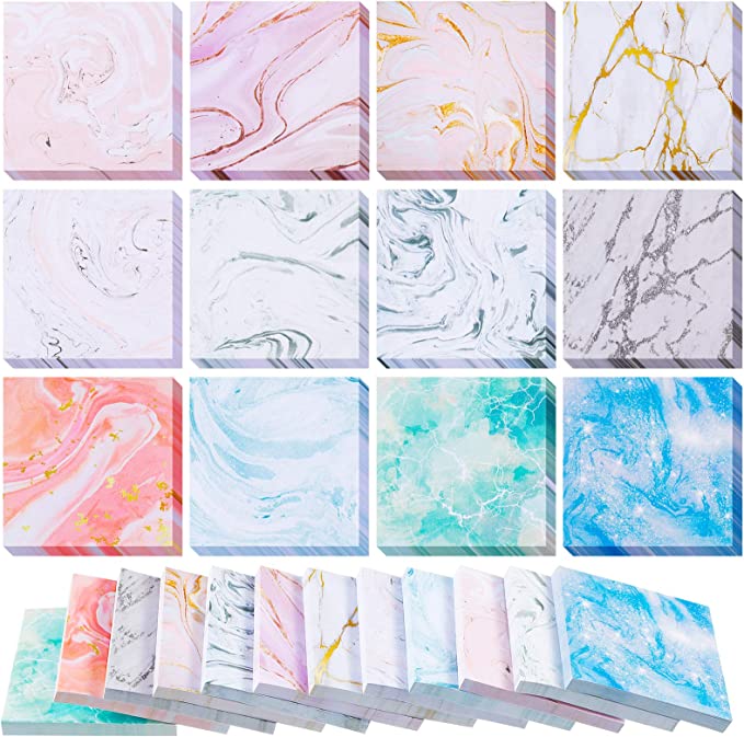 12 Pieces Marble Sticky Note Pads Marble Self Stick Notes Adhesive Memo Pads for Reminder Studying School Office Home Supplies, 12 Designs (Elegant Colors)