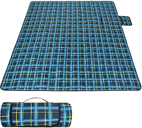 MIRACOL Picnic Blanket, 80" x 80" Extra Large Waterproof Sandproof Outdoor Blanket for 4-6 Adults, Foldable Portable Plaid Beach Rug Mat for Park Picnics Camping Travel Outdoor Concerts (Blue)