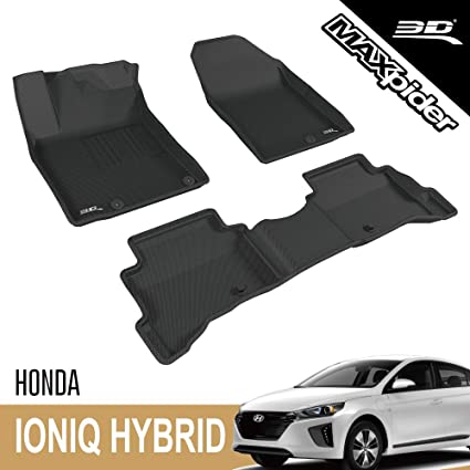 3D MAXpider Complete Set Custom Fit All-Weather Floor Mat for Select Hyundai Ioniq Hybrid Models - Kagu Rubber (Black)