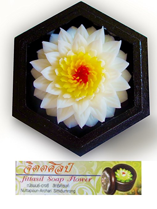 Jittasil Thai Hand-Carved Soap Flower, 4" Scented Soap Carving Gift-Set, White Lotus In Decorative Hexagonal Pine Wood Case