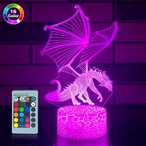SETIFUNI Dragon lamp Dragon Toys Night Light 16 Colors Changing 3D Optical Illusion Bedside Lamp Birthday Gifts for 3 4 5 6 Years Old Boys and Girls (Dragon)