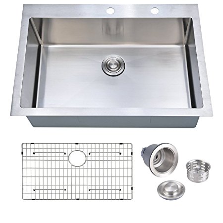 33 x 22 inch Handcrafted Topmount Single Bowl 16 gauge Stainless Steel Kitchen Sink with Grid and Drainer