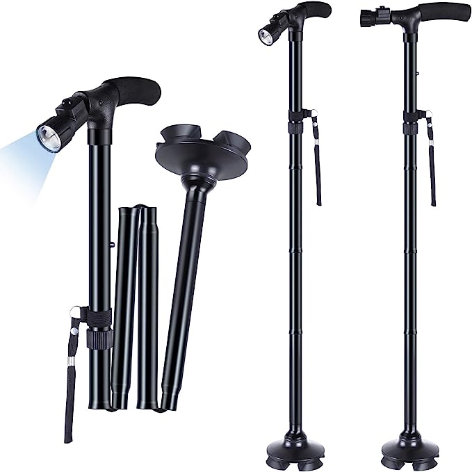 2-Pack Folding Walking Cannes with LED Light, Ohuhu Adjustable Walking Stick with Carrying Bag, Sturdy and Lightweight Portable Walking Cane for Fathers Mothers Gift