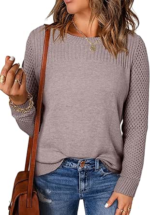 EVALESS Womens Sweaters Casual Long Sleeve Crewneck Cable Knit Lightweight Oversized Crochet Sweater Pullover Tops