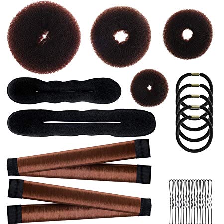 28 Pcs Donut Hair Bun Maker Set, 4 Pieces Hair Donut Bun Makers, 2 Pieces Foam Sponge Bun Shapers, 2 Pieces French Magic Twist Hairstyle Clip, 15 Pieces Hair Pin, 5 Pieces Hair Ties for Women Girl