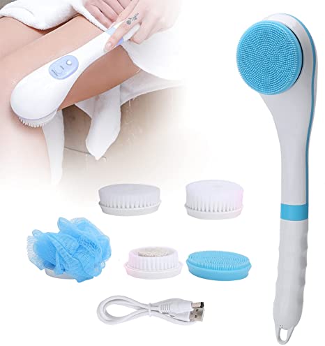 Electric Bath Brush,360° Cleansing,USB Charge,Long Handle,6 Gears Adjustable Bath Body Brush Set Waterproof Facial Face Shower Brush Devices With 5 Brush Heads Deep Cleansing Body Brushes (blue)