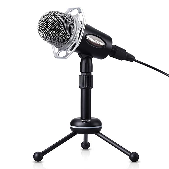 Excelvan Condenser Microphone Black Y20 3.5mm Desktop Microphone with Volume Control and Adjustable Table Tripod Stand Broadcasting Recording Podcasting Studio Mic for Mobile Phones, Laptops, Desktop