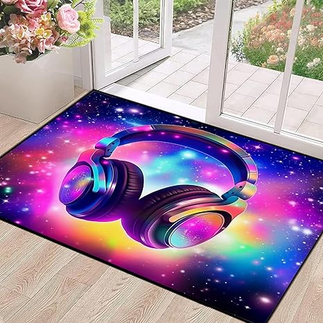 Galaxy Game Area Rug Music Headphone Rugs Colorful Throw Rug Non-Slip Carpet Doormats for Living Room Bedroom Apartment Dorm Floor Mat 47 in X 31 in