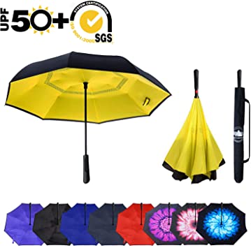 ABCCANOPY Inverted Umbrella,Double Layer Reverse Windproof Teflon Repellent Umbrella for Car and Outdoor Use, UPF 50  Big Stick Umbrella with ABS Handle and Carrying Bag