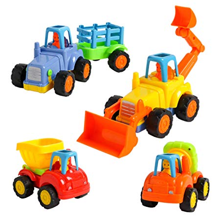 USATDD 4 Pack Friction Powered Cars,Push and Go Vehicles Car Tractor Bulldozer Cement Mixer Truck Dumper Construction Toys Set for 1 2 3 Year Old Boy Girl Toddler Baby Kid Boy Girl Gift