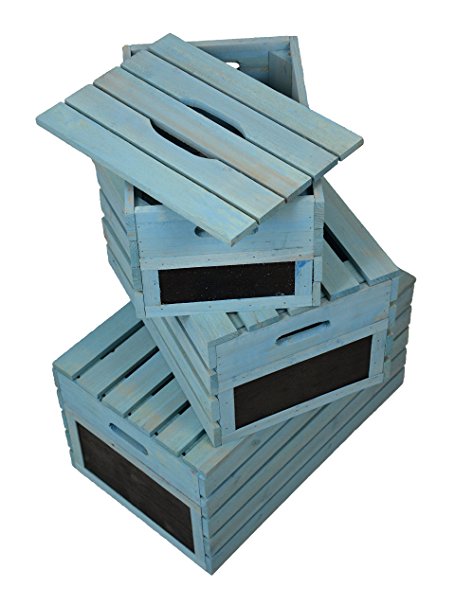 Green Jem Vintage Wooden Crates with Lids - Duck Egg Blue (Set of 3)