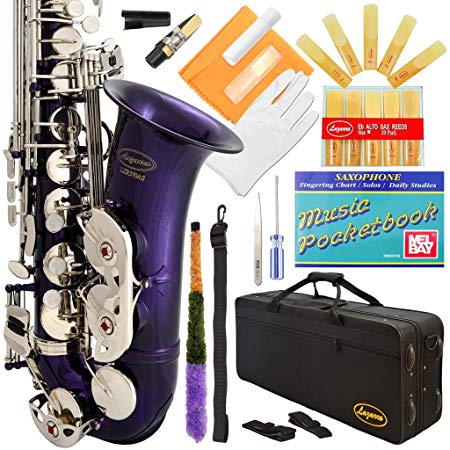 Lazarro 370-PR E-Flat Eb Alto Saxophone Purple-Silver Keys with Case, 11 Reeds, Care Kit and Many Extras
