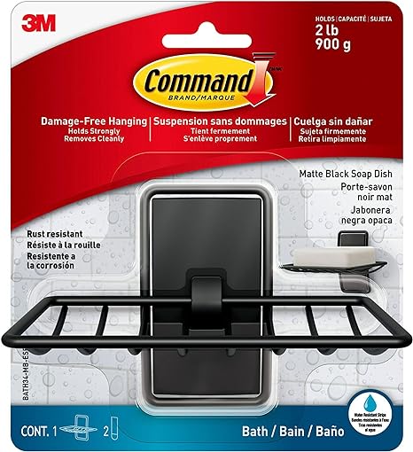 Command Soap Dish Matte Black with Water Resistant Command Strips, Bathroom Décor, Rust Resistant Soap Bar Holder