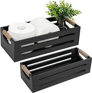 LotFancy Bathroom Decor Box, 2 Pack Toilet Tank Topper Basket, Wooden Bathroom Basket, Back of Toilet Storage Basket, Black Farmhouse Toilet Paper Holder