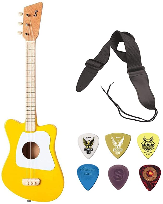 Loog Mini Acoustic Guitar 3-String Guitar (Yellow) with GSA10BK Guitar Strap (Black) & Guitar Pick Assortment 6-Pack Bundle