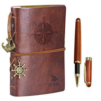 Leather Writing Journal Notebook, 7" Unlined Vintage Nautical Spiral Refillable Diary Sketchbook Daily Notepad Travel to Write in Classic Embossed with 0.7mm Rosewood Pen (2 Cartridges) - Gift Boxed
