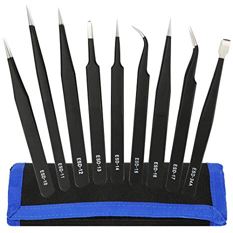 Kingdun 9pcs Stainless Steel Tweezer Set,Anti-Static ESD Tweezers with Non Magnetic Tips for Electronics Repair, Soldering, Crafting and Jewelry