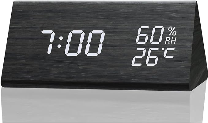 JALL Digital Wooden Electrical Alarm Clock, with 12/24H Display, 3 Alarm Settings, Snooze, Humidity & Temperature Detect, Sound Control, Adjustable Volume/Brightness for Bedroom, Bedside (Dark Wood)