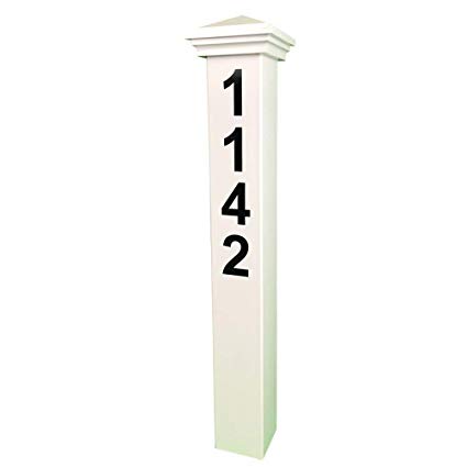 Addresses of Distinction White Nantucket Address Post Kit – 32” Tall Address Marker - Customized Black House Numbers –All Hardware & Stake Included – Help Emergency Vehicles Find Your Home
