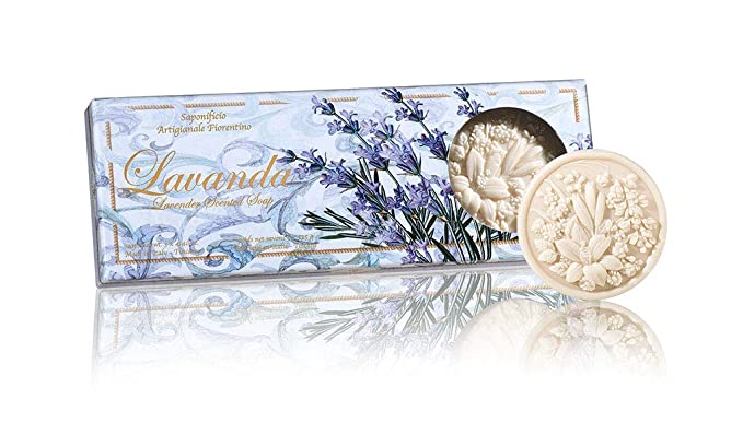 Lavanda, gift box of Italian lavender soap, round soaps sculpted with flowers, 3 x 4.40 oz. by Saponificio Artigianale Fiorentino
