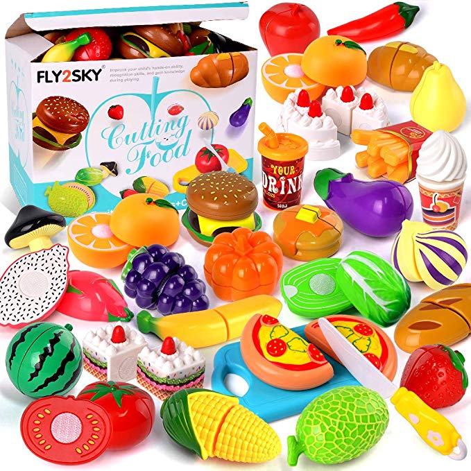 FLY2SKY Play Food Toys for Kids Kitchen Pretend Cutting Toys Fruits Food Cake Play Set Christmas Birthday Gifts for Toddlers Girls Boys Learning Toys with Storage Bag 32 Pcs