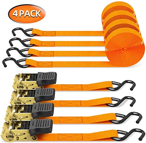 Ratchet Tie Down Strap 4 Pack, 4.6m 226kg Load Cap with 680kg Breaking Limit, Ohuhu Ratchet Tie Downs Logistic Cargo Straps for Moving Appliances, Motorcycle, Orange