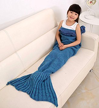 Mermaid Tail Blanket for Kids ,Hand Crochet Snuggle Mermaid,All Seasons Seatail Sleeping Bag Blanket by Jr.White (Kids-Blue)