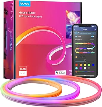 Govee RGBIC Neon Rope Light, 16.4ft LED Strip Lights, Music Sync, DIY Design, Works with Alexa, Google Assistant, Neon Lights for Gaming Room Living Bedroom Wall Halloween Decor (Not Support 5G WiFi)