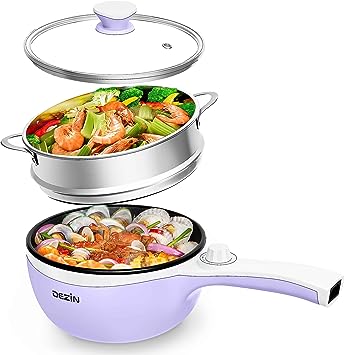 Dezin Hot Pot Electric with Steamer Upgraded, Non-Stick Sauté Pan, Rapid Noodles Electric Pot, 1.5L Mini Pot for Steak, Egg, Fried Rice, Ramen, Oatmeal, Soup with Power Adjustment (Egg Rack Included)