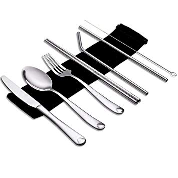 Reusable Utensils with Case - DMight 7 Pieces Portable Silverware Set with Anti-rust Stainless Steel Knife Fork Spoon Chopsticks Straws, Travel Cutlery Set, Dishwasher Safe
