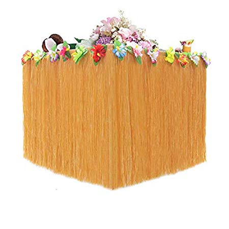 Hawaiian Grass Table Skirt with Flower Trim,9ft Perfect Themed Party Decorations for Tiki Bars and luau Birthday Party Supplies