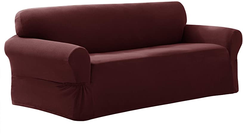 Maytex Pixel Ultra Soft Stretch Sofa Couch Furniture Cover Slipcover, Wine
