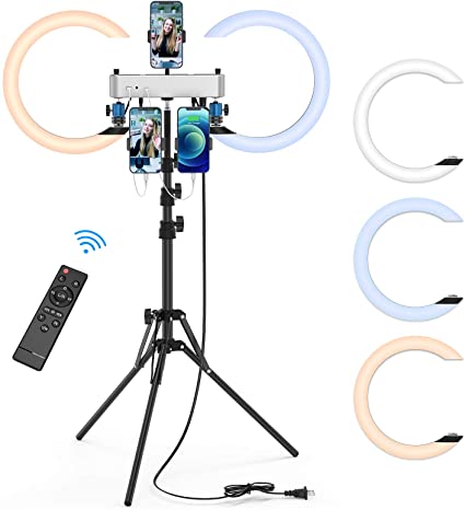 12" Dual Ring Light, Dimmable LED Selfie Ringlight with 63" Tripod Stand & 3 Phone Holders, 3 Light Modes Makeup Light with Remote for Live Stream/YouTube/TikTok, Compatible with iPhone, Android, iPad