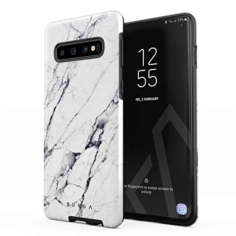 BURGA Phone Case Compatible with Samsung Galaxy S10 Satin White Marble Heavy Duty Shockproof Dual Layer Hard Shell   Silicone Protective Cover