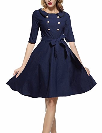 OWIN Women's 3/4 Sleeve Classy Casual Belted Vintage Retro Evening Party Swing Dress