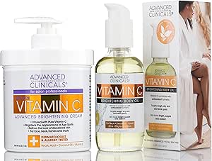 Advanced Clinicals Brightening Vitamin C Cream Moisturizer   Vitamin C Body Oil Skin Care Set | Nourishing, Brightening, & Hydrating Body Oil & Body Lotion For Dark Spots, Dry Skin, & Stretch Marks