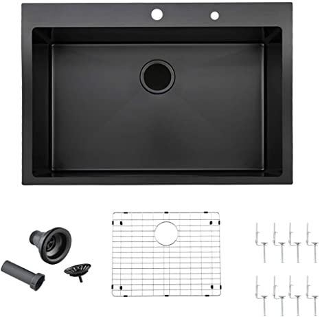 Friho 33"x 22" Inch 18 Gauge Commercial Large Topmount Drop in Single Bowl Basin Handmade SUS304 Stainless Steel Kitchen Sink, Black Kitchen Sinks with Basket Strainer and Dish Grid