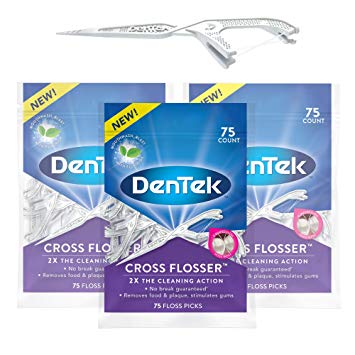 DenTek Cross Flosser Floss Picks, X-Shaped Floss Hugs Teeth, 75 Count, 3 Pack