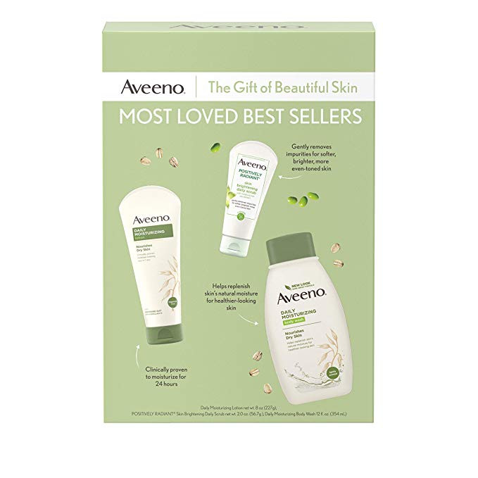 Aveeno Most Loved Best Sellers Skincare Set with Daily Moisturizing Body Wash, Positively Radiant Brightening Daily Scrub, and Daily Moisturizing Lotion, Gift Set for Women, 3 items