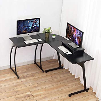 Computer Desk, DOSLEEPS L-Shaped Large Corner PC Laptop Study Table Workstation Gaming Desk for Home and Office - Free Monitor Stand - Wood & Metal - Black Wood Grain