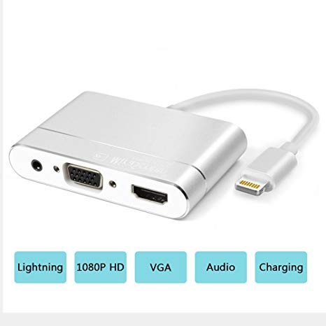Lightning to HDMI/VGA/AV Adapter, HDMI/VGA Cable Converter, 1080p High Resolution Digital AV Adapter, No App Needed for iPhone X/8/7/6/5/, iPad/iPad pro/mini, iPod with Power Port