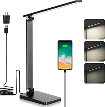 Desk Lamp, Desk Lamp with USB Charging Port, Desk Lamp for Home Office, Dimmable LED Desk Lamp, 3 Brightness Desk Light, Touch Control Office Lamp, Study Lamp, Desk Lamp for Dorm, Table Lamp, Black