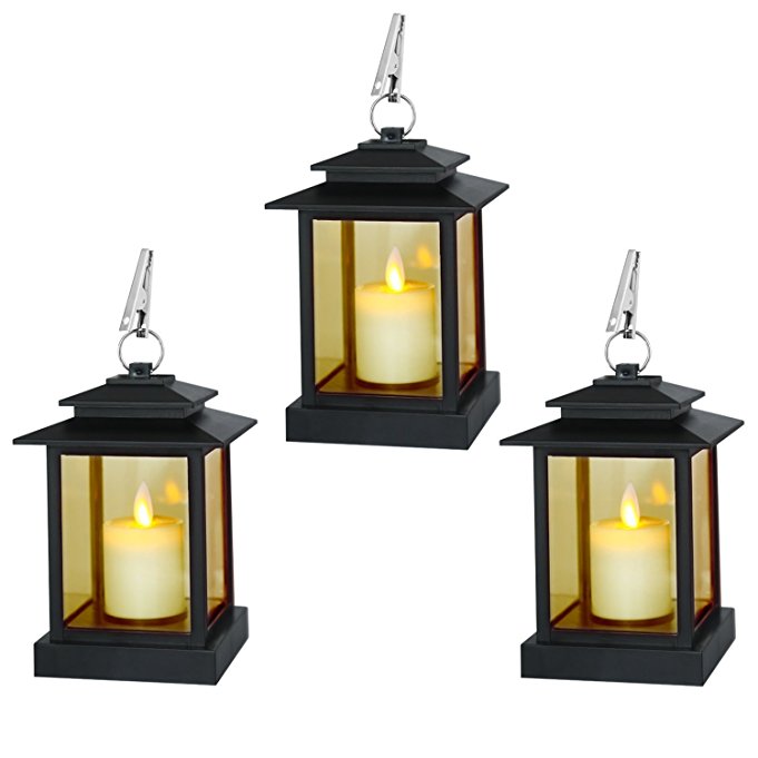 Decorative Candle Lanterns, Set of 3 Indoor and Outdoor Black Lanterns with LED Pillar Moving Wick Flameless Candles, 5 Hours Timer