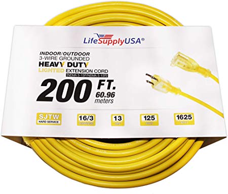 LifeSupplyUSA 16/3 200ft SJT 13 Amp 125 Volt 1625 Watt Lighted End Indoor/Outdoor Heavy Duty Extension Cord (200 Feet)